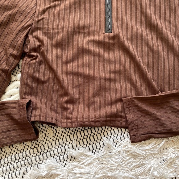 Brown half zip ribbed crop long sleeve - Picture 2 of 5
